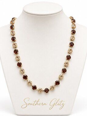 Brown and Champagne Crystal Necklace, Rhinestone Statement Necklace, Gold Tone N